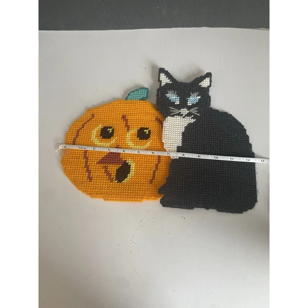 VTG  Halloween Pumpkins Witch  & Cat Wall Hanging Needlepoint Plastic Canvas
